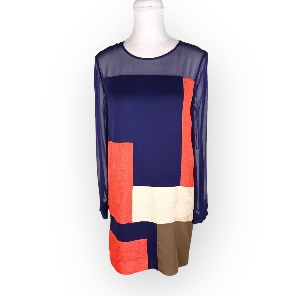 DVF Raegan shift dress silk navy orange colorblock sz 2 Diane Von Furstenberg